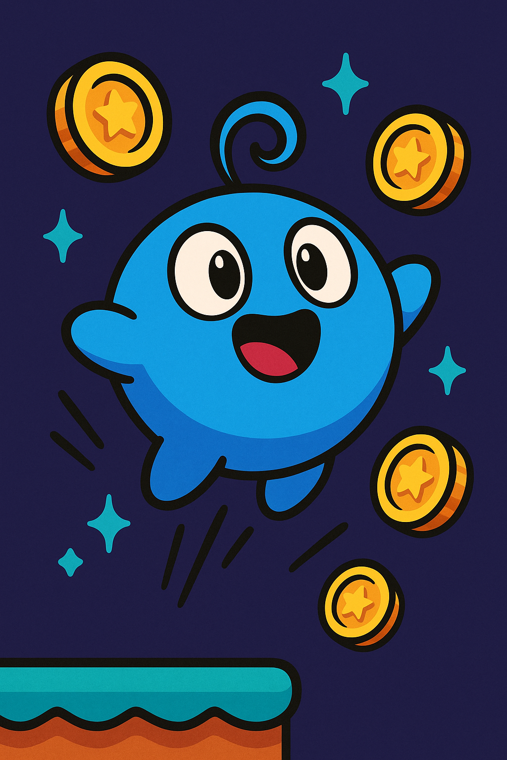Jumpyloo — a colorful character mid-jump, coins scattering upward in an endless runner game